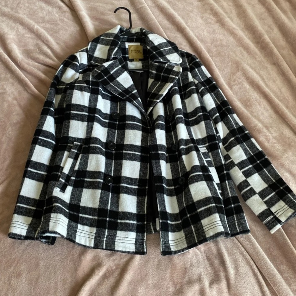 Black and white plaid pea coat